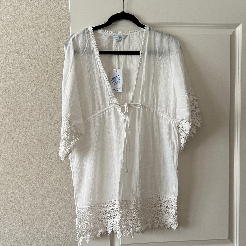 NWT Sz M Blue Island White Lace-Trimmed Cover-Up Tunic